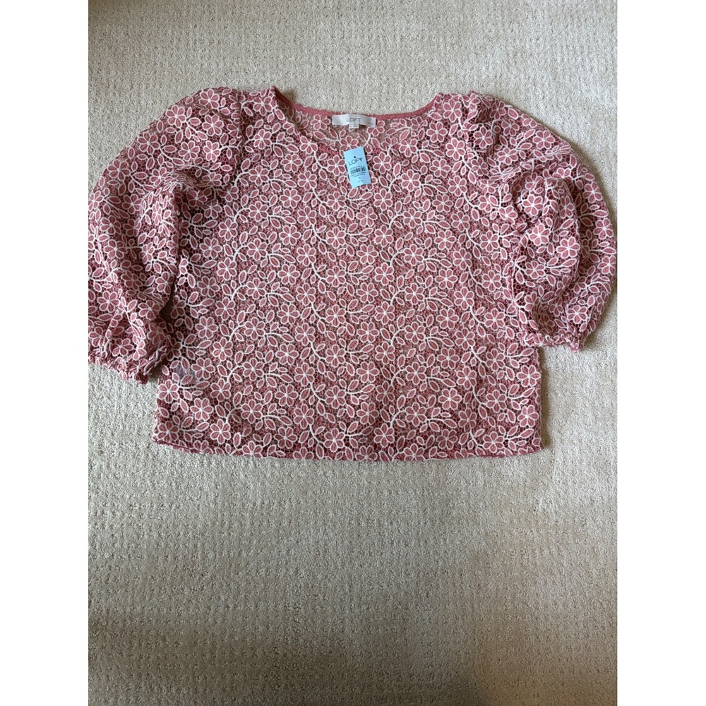 Loft Floral Lace Top Crop Small Petite Pink New Puff Sleeve Coquette Blouse